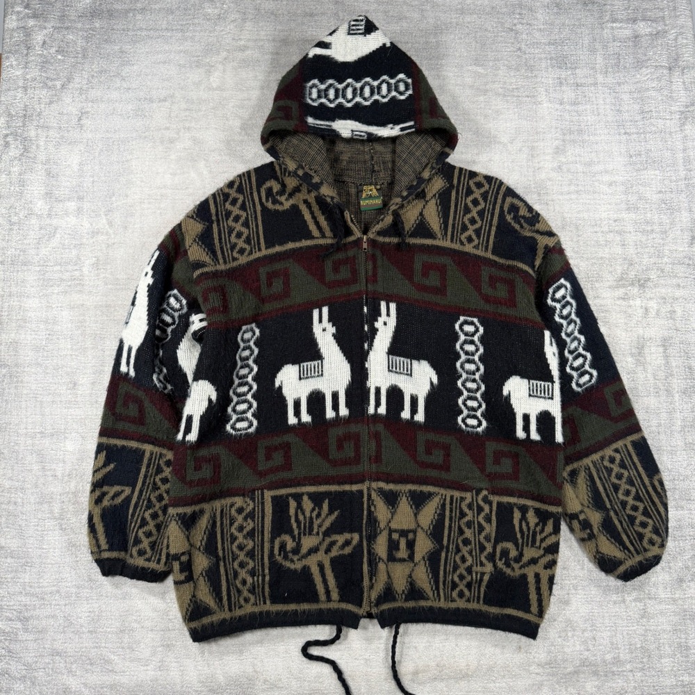 Ruminahui Sweatshirt Mens XL Black Vintage Llama Geometric Wool Aztec Hoodie